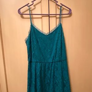 Teal lace dress. Spaghetti straps. Slip on.